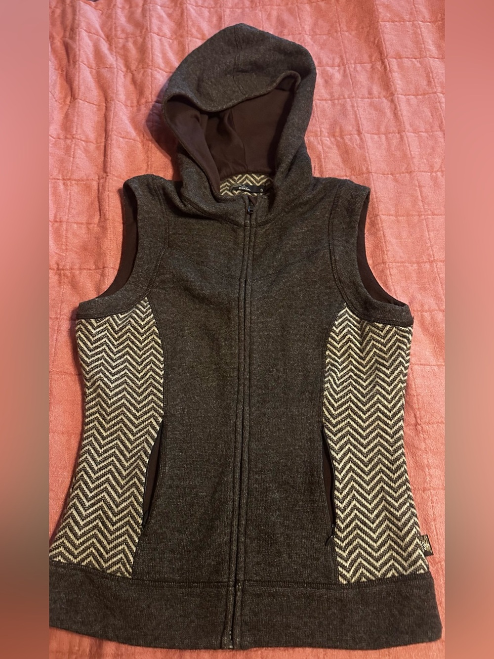 Prana Wool blend Hooded Zip up Vest with Chevron Trim